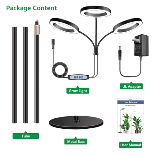 Aumtrly 3 Head Black Floor Grow Light for Large Tall Indoor Plants Growing | 252 LED Full Spectrum Lamp with Stand, 6/12/16H Timer, 5 Dimming Level, 68" Adjustable Height, Flexible Gooseneck, Metal Base - size: 3 head 68inch/black