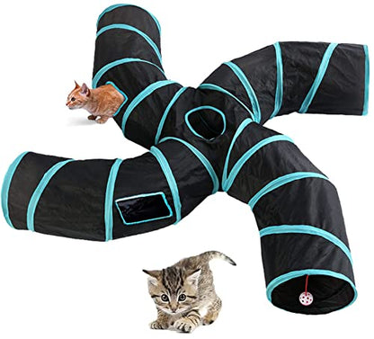 Upgraded Cat Tunnel Toy with 5 peek-a-Boo Windows, Large 4-Way Maze Tube | cat tunnels for indoor cats large,Collapsible Maze House Play Tube Interactive Toy for Cat Kitten Kitty Rabbit Black - size: 4-way Black