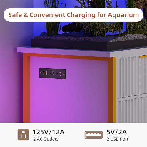 55-75 Gallon Fish Tank Stand, Aquarium Stand with LED Light, White & Gold | 49 x 20 In Top, Modern Fluted Design, 2 Outlets, 2 USB Ports, Shelf Storage, Metal Frame Support, 1100 LBS, Turtle Tank Stand - color: White and Gold