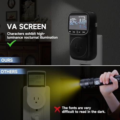 Temperature Controlled Outlet , 15A/1800W Digital Thermostat Outlet, Cyclic Timing/Countdown, -40℉~210℉ VA Display Heating Cooling Control Timer with 2Pcs Probe Cable for Reptile Incubator - color: Black