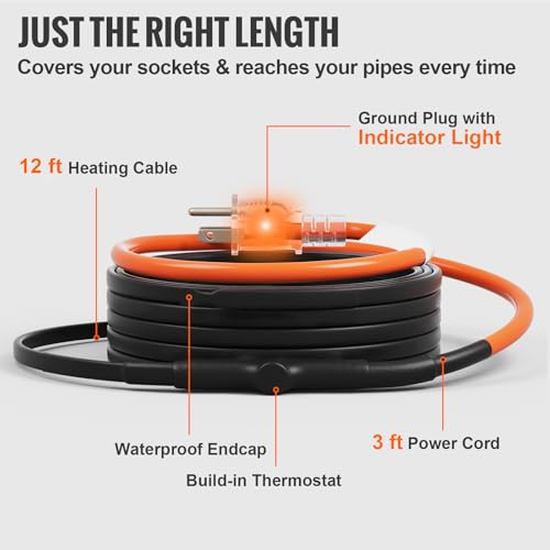 VEVOR Self-Regulating Pipe Heating Cable, 12FT 5W/FT Heat Tape for Pipes Freeze Protection, Water Pipe Heat Cable with Built-in Thermostat Protects PVC Hose, Metal and Plastic Pipe from Freezing - size: 12 Feet
