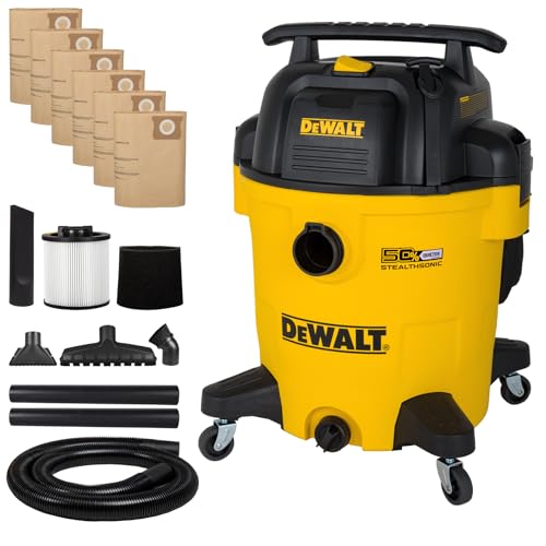 DEWALT Stealthsonic 12 Gallon 5.5 HP Shop Vacuum Wet and Dry, DXV12P-QTE | Ultra Quiet Motor with Powerful Suction, 6 Dust Bags & Accessary Storage Bag Design for Garage Workshop and Jobsite Cleanup - size: 12 Gal (6 Dust Bag)