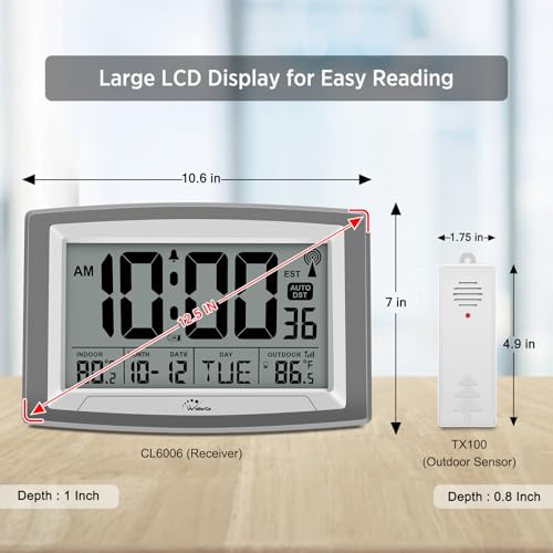 Atomic Clock 12.5 Inch Self-Setting Digital Wall Clock | Indoor/Outdoor Temperature, Battery Operated Wall Clocks or Desk Clocks, Large Display for Classroom, Garage, Office - size: 12.5 INCH