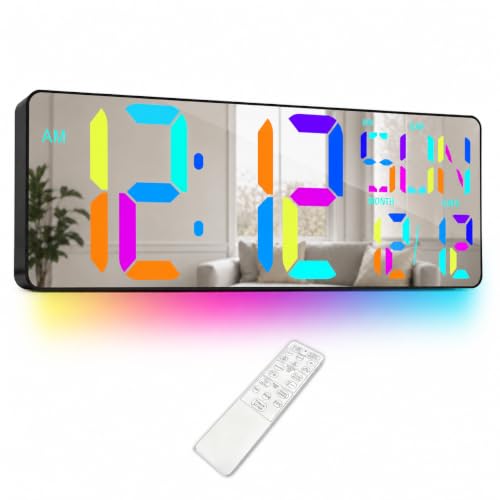 17.2 Inch Large Digital Wall Clock with Remote Control, Extra Large LED Display Wall Clock with Auto Dimming, Date Day Temperature, Countdown Timer, Alarm Clock for Gym Office Classroom (RGB) - color: Rgb