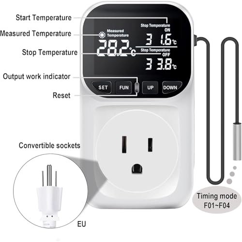 Digital Thermostat Socket, Only Fahrenheit Countdown | Temperature Controller VA Display Heating Cooling Mode Timer with Sensor for Reptile Greenhouse Fermentation Home, -40℉~210℉
