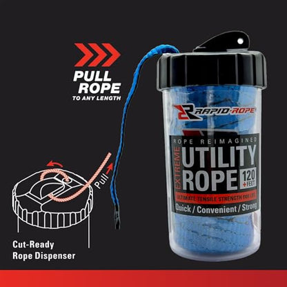 Rapid Rope Canister, 120ft Blue Tactical Paracord, 1100lb Test, USA Made | Heavy Duty Poly Rope Test Cord, Non-Tangle Dispenser Included, For Hiking, Camping, Survival, Utility, Stocking Stuffer, Gift - size: 120ft, style: Blue