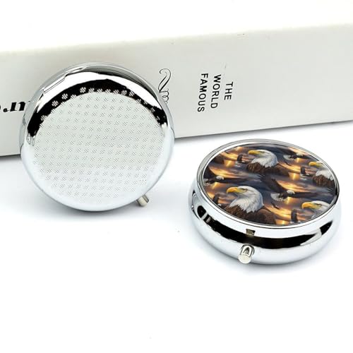 Travel Pill Container, Eagle Round Metal Organizer, 3-Section Case for Medicine, Pocket Purse Dispenser for Business Travel - color: Style (607)