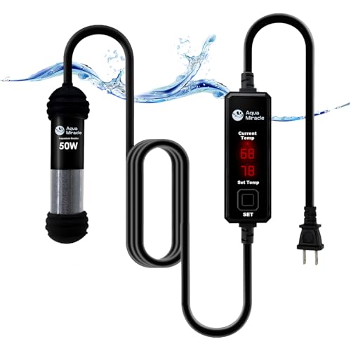AquaMiracle Upgraded 50W Small Aquarium Heater Fish Tank Heater Turtle Heater Super Mini Aquarium Heater, Dry-Run/Overheating Protection and Memory Function, Dual LED Display, for 5-10 Gal Tanks - size: For 5-10 Gal Aquariums