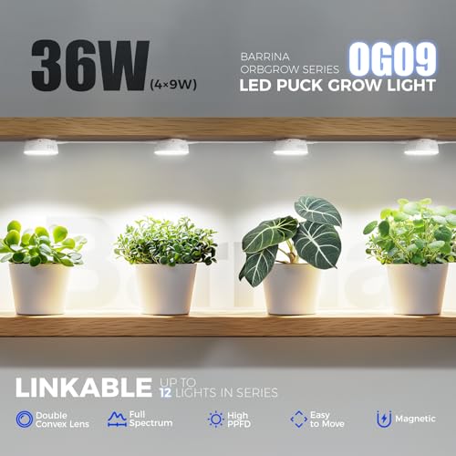 Barrina Orbgrow OG09 Puck Grow Light, 36W(4 x 9W), 5000K, 4 Packs, White | Full Spectrum Plant Light for Indoor Plants, Magnetic & Linkable, Small Grow lamp, Perfect for Plant Shelf - color: 5000K-White Cover, size: 4 Packs without Timer