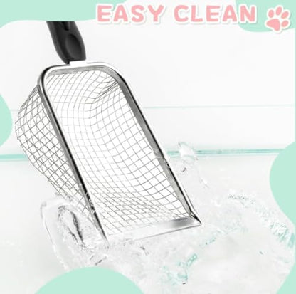 1Pc Stainless Steel Cat Litter Scoop, Fine Mesh Pet Sand Sifter Shovel | Small Hole Mesh Scooper with Comfort Handle,Suitable for Bentonite Sand, Cat, Reptile,Quail Terrarium Waste Cleaning