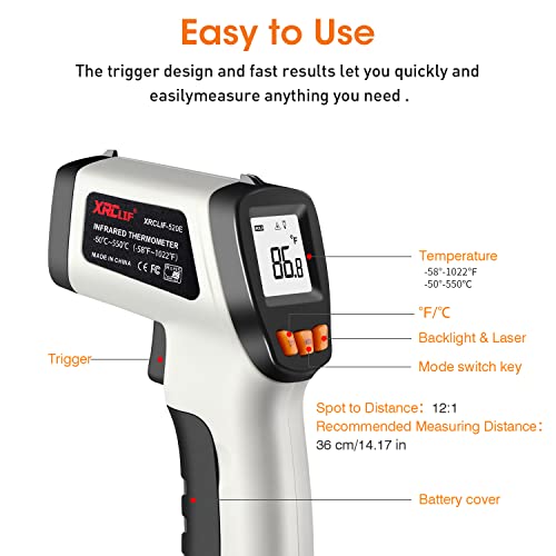 IR Laser Thermometer Temperature Gun, -58°F to 1022°F Non-Contact Infrared Temp Gun with Adjustable Emissivity & LCD Display for Cooking, Ice Tea Making, BBQ, Industrial and Objects - color: Gray -58°F ~ 1022°F