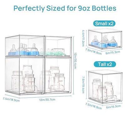 Vtopmart 4 Pack Baby Bottle Organizer Set, Stackable Storage Drawers Ideal for Kichen Countertop, Vanity, Bathroom, Cabinet, Pantry Organization - style: 2 Small+2 High