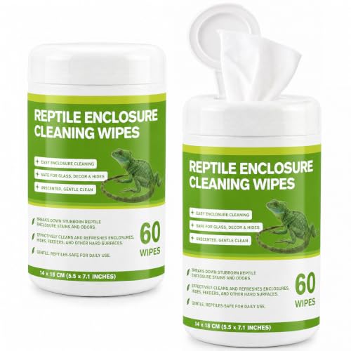 Reptile Enclosure Cleaning Wipes, Unscented Terrarium & Tank Cleaner | 2 Pack, 120 Count; Cleans Glass, Decor, Hides & Accessories for Geckos, Bearded Dragons, Snakes & Turtle Habitats