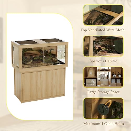 120 Gallon Reptile Tank, Terrarium Tank with Stand | Large Reptile Enclosure with Storage Cabinet,Wire Mesh Top and Wire Threading Holes,Spring Lock for Bread Dragon,Gecko