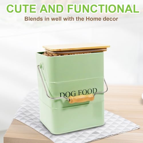 Dog Food storage container Dog Treats Jar,5~6 lb Metal food treats tin for Dog, pet snacks Canisters with wooden lid/handle/sevice scoop-Green - color: Dog-Green