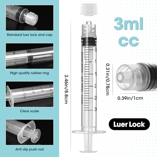 3ml Luer Lock Syringe with Cap and Soft Plastic Tube, 10 Pack | Suitable for Pet Liquids Feeding, Individually Wrapped - size: 3ml - 2.0mm Tube