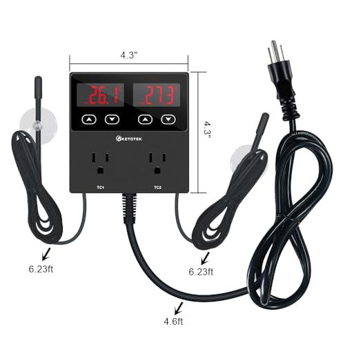 KETOTEK KT99pro Dual Digital Temperature Controller Outlet 10A Relay | Heating Coolling Thermostat Controlled Socket with Sensor for Reptile Brewing Fermentation Breeding Incubation Greenhouse