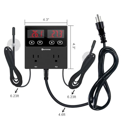KETOTEK KT99pro Dual Digital Temperature Controller Outlet 10A Relay | Heating Coolling Thermostat Controlled Socket with Sensor for Reptile Brewing Fermentation Breeding Incubation Greenhouse