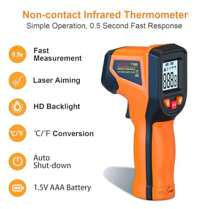 Laser Infrared Thermometer Non-Contact Digital Temperature Gun, -58℉～1112℉(-50℃～600℃) IR Thermometer for Industrial, Kitchen Cooking, Automotive, HVAC (Not for Human Body Temp) - color: Orange