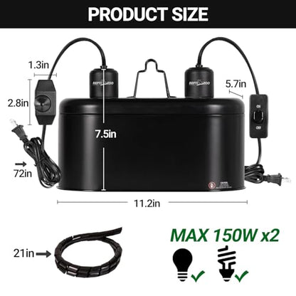 REPTI ZOO Dual Reptile Light Fixture with Dimming, Deep Dome Reptile Heat Lamp Fixture, UVB Light Dual Fixture Lamp Cap for Reptile Terrarium Tank