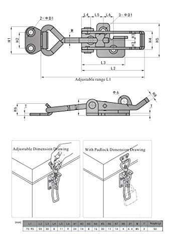 Adjustable Latch Buckle Cabinet Boxes Lever Handle Toggle Catch Latch Lock,Silver,Adjustable Range:75-95mm,2 Pcs - size: 1S,Range:75-95mm