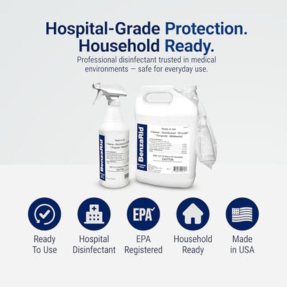 BenzaRid Pro Mold Killer Fungicide Disinfectant including Aspergillus Niger (Black Mold) H5N1 Pack | Multi-Purpose Fungicide, Mildewstat, Disinfectant, Virucide | EPA Reg. 1 Gal + 32 oz.