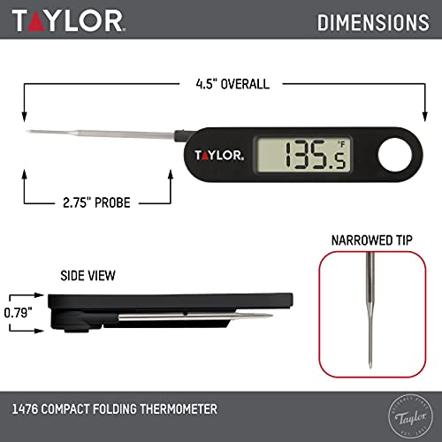 Taylor 1476 Instant Read Digital Meat Food Grill BBQ Cooking Kitchen Thermometer, Tailgating and Grilling Compact Folding Probe, Black - color: Black