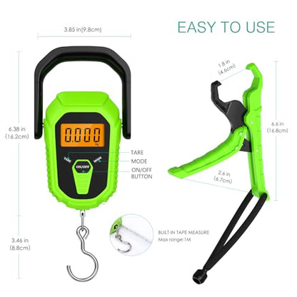 ORIA Digital Fish Scale with Lip Gripper, 110lb/50kg, Batteries Included | Waterproof, 3 Units, LCD Backlit, 38'' Built-in Tape Measure, Non-slip Ergonomic Handle, for Luggage Home Outdoor - color: Green