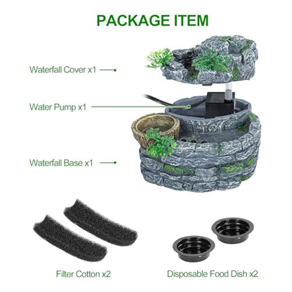 500ML Reptile Waterfall Fountain, Reptile Water Drinking Fountain for Bearded Dragons, Geckos & Lizards – Terrarium Waterfall with Feeding Bowl, Flowing Water, Natural Resin