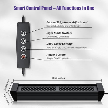 8.5" LED UVB Reptile Light with 24H Cycle Timer & Dimmer | 8W UVA UVB Lamp, UVI Switching, Brightness Adjustment for Turtle, Bearded Dragon, Lizard and More(No Heat) - size: 8.5 inches