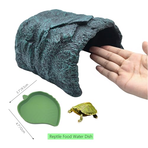 M2cbridge Fish Hide Cave Reptile Terrarium Habitat Decor Green Rock Dish | Natural color careful craft, resting spot, solid and sturdy, water dish - style: Green Rock+ Water Dish