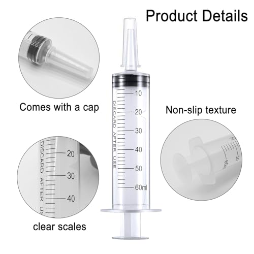 60ml Syringe for Liquid, Syringe Without Needle for Pet Feeding, Liquid Measurement, Individually Wrapped, Pack of 4 - size: 60ml