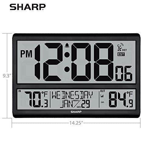 Sharp Atomic Clock with 4-Inch Display, Outdoor Sensor, Battery Powered | 4-inch numbers; Self-setting atomic time; Indoor/outdoor temperature; Wireless sensor; Battery powered; Easy setup