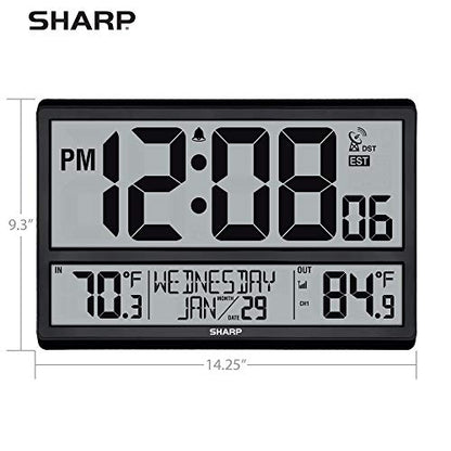 Sharp Atomic Clock with 4-Inch Display, Outdoor Sensor, Battery Powered | 4-inch numbers; Self-setting atomic time; Indoor/outdoor temperature; Wireless sensor; Battery powered; Easy setup