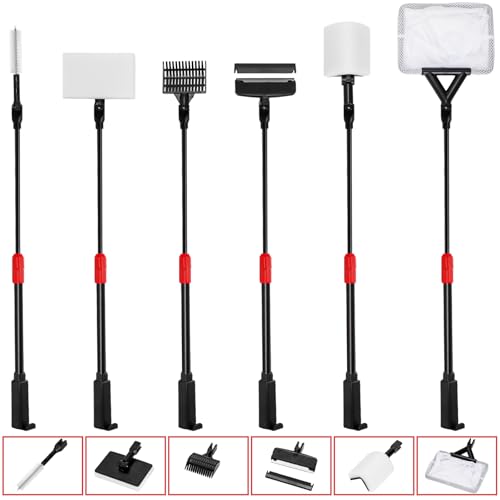 TOPZEA 6 in 1 Aquarium Cleaning Tool Kit, Fish Tank Cleaner Set with Adjustable Telescopic Long Handle (21-32 Inch) Include Algae Scraper, Scrubber Pads, Fish Net, Tube Cleaning Brush, Gravel Rake