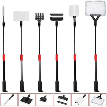 TOPZEA 6 in 1 Aquarium Cleaning Tool Kit, Fish Tank Cleaner Set with Adjustable Telescopic Long Handle (21-32 Inch) Include Algae Scraper, Scrubber Pads, Fish Net, Tube Cleaning Brush, Gravel Rake
