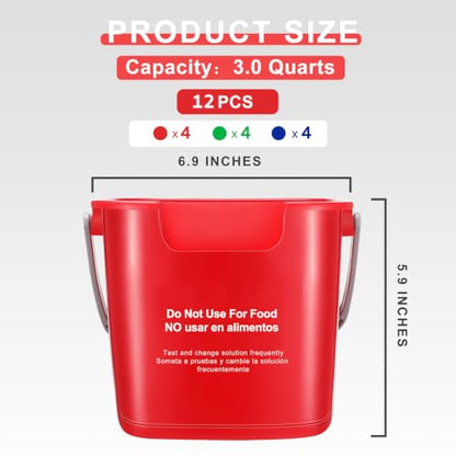 Lallisa 12 Pcs 3 Quart Cleaning Bucket Small Sanitizing Square Bucket Detergent Pail for Home Office Commercial Restaurant Kitchen Bathroom School (Red Green Blue) - color: Red Green Blue