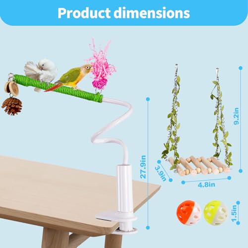 Bird Perch Stand with Swing, Desktop Bird Toy & Stand for Interacting, Interactive Playground for Sun Conure, Lovebirds, Conure, Budgie, Cockatiel - Non-Slip Adjustable Perch