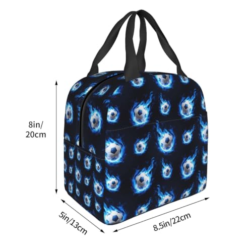 Women Flame Soccer Print Insulated Lunch Box Leakproof | Blue Flame Soccer Ball, Neoprene Thermal Cooler Bag, Padded Handle, Compact Tote for Commute & Travel - color: Pattern (850)