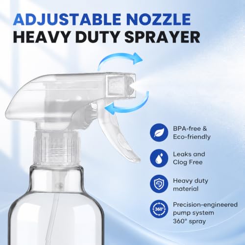 12oz Glass Spray Bottles 2 Pack, 360° Any-Angle Spraying | Refillable Leak-proof Bottles with Adjustable Nozzle; Ideal for Cleaning, Essential Oils, Plants & Hair Care - color: Clear