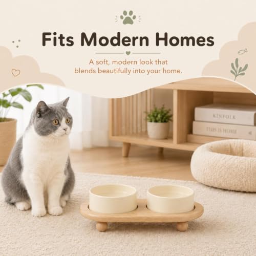 Havniva Raised Cat Bowl 5.1” Elevated Ceramic Cat Food and Water Bowl Set | Cat Bowls Elevated, Whisker Friendly Cat Bowl, Non-Slip Wood Stand, Food-Grade Ceramic, Wide Opening, Dishwasher Safe - color: Light Yellow, size: 2 Bowls+Tray - 5.1"
