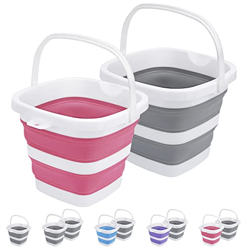 2 Pack Collapsible Buckets 5L 1.3Gallon Small Cleaning Bucket for Household Portable Plastic Bucket Outdoor Car Washing Tub Foldable Camping Beach Sand Water Pot Pail Space Saving Square Grey and Pink - color: Grey+pink