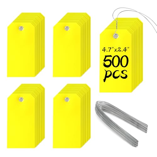 500 Pieces Plastic Shipping Tags with Wire Waterproof Hang Tags Heavy Duty Labeling Tags with String Wires Tags Labels Labeling Tags Stacking Tags for Equipment Car Parts (Yellow, 4 3/4 x 2 3/8) - color: Yellow, size: 4 3/4 x 2 3/8 inches