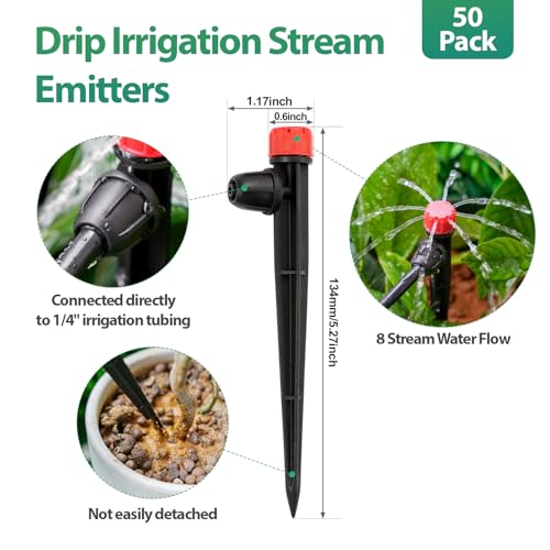 RedChili 50 Pieces Drip Emitters for 1/4" Drip Irrigation Tubing, Adjustable 360 Degree Stream Drip Emitters with Stake 360° Full Circle 8 Hole Stream Emitters Garden Irrigation Micro Drippers - size: 50P Multi-stream Emitter