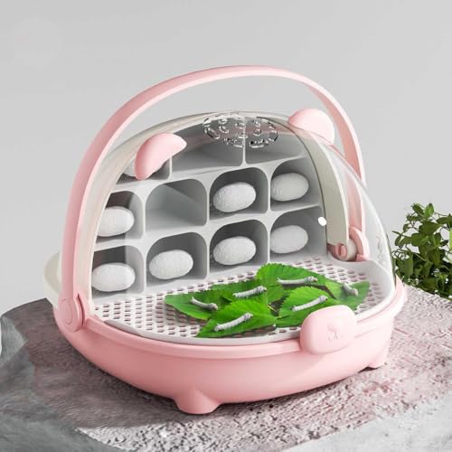 Silkworm Growth Box, Silkworm Breeding Box with Transparent Space Capsule Design, Portable Reptile Feeding Box Transparent Animal Habitat Cage with Handle (Pink) - color: Pink