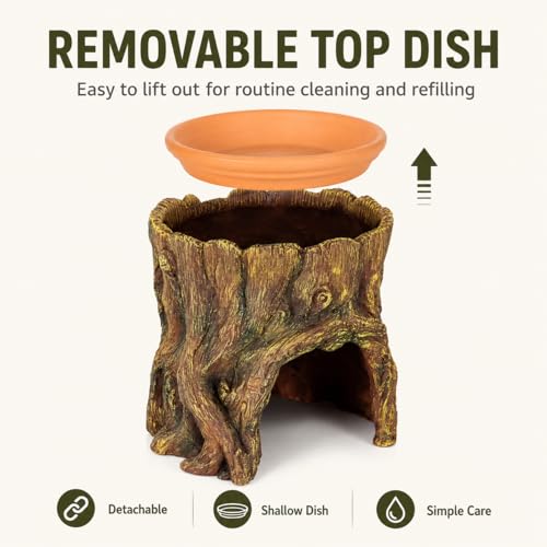 Reptile Hide Cave with Removable Top Dish, Resin Tree Stump Terrarium Decor, 2-in-1 Lizard Gecko Hideout Shelter and Feeding Bowl for Small Reptiles, 5.2 x 5.2 x 5.2 in