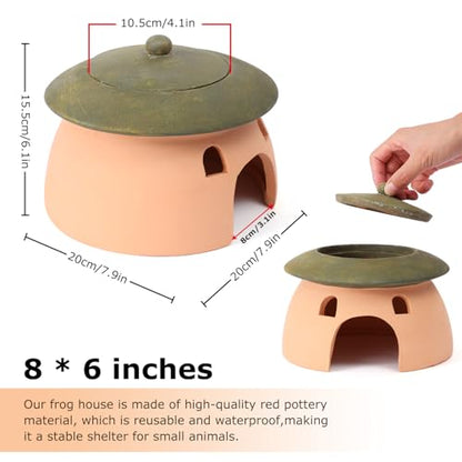 Frog and Toad House 8 x 6Inch Toad House for Outside Garden Reptile Cave Red Pottery Ceramics Small Reptile Cave Hide Reptile Hides and Caves Snake Toad Frog Turtle House Green with Lid