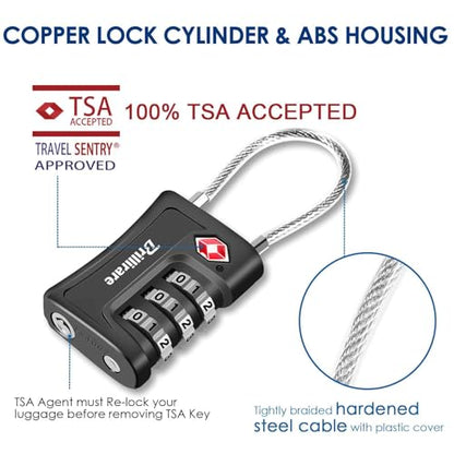 2 Pack TSA Approved Luggage Locks, Combination Travel Cable Padlock, 3-Digit Waterproof Lock, TSA Accepted Outdoor Keyless Resettable Lock for Lockers, Bags, Gym, Gate-Black