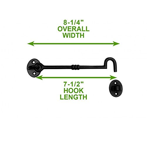 Renovators Supply Manufacturing Black Wrought Iron Cabin Hook Eye 7 Inches Long Decorative Privacy Hook Latches for Kitchen Cabinet, Window, Sliding Or Barn Doors with Mounting Screws - size: 7 Inch