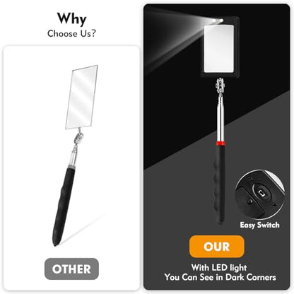 12-35 Inch Extendable Inspection Mirror, 360-Degree Rotation LED Inspection Mirror Telescoping, Telescoping Mirror for Mechanic Checking Vehicle and Extra Viewing
